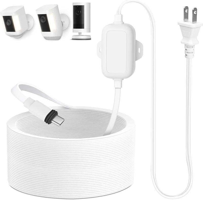 ALERTCAM 30ft Power Adapter Compatible with Spotlight Cam Plus/Pro (Battery), Long Flat and Weather Resistant Extension Power Cord for Security Camera, White - Image 1